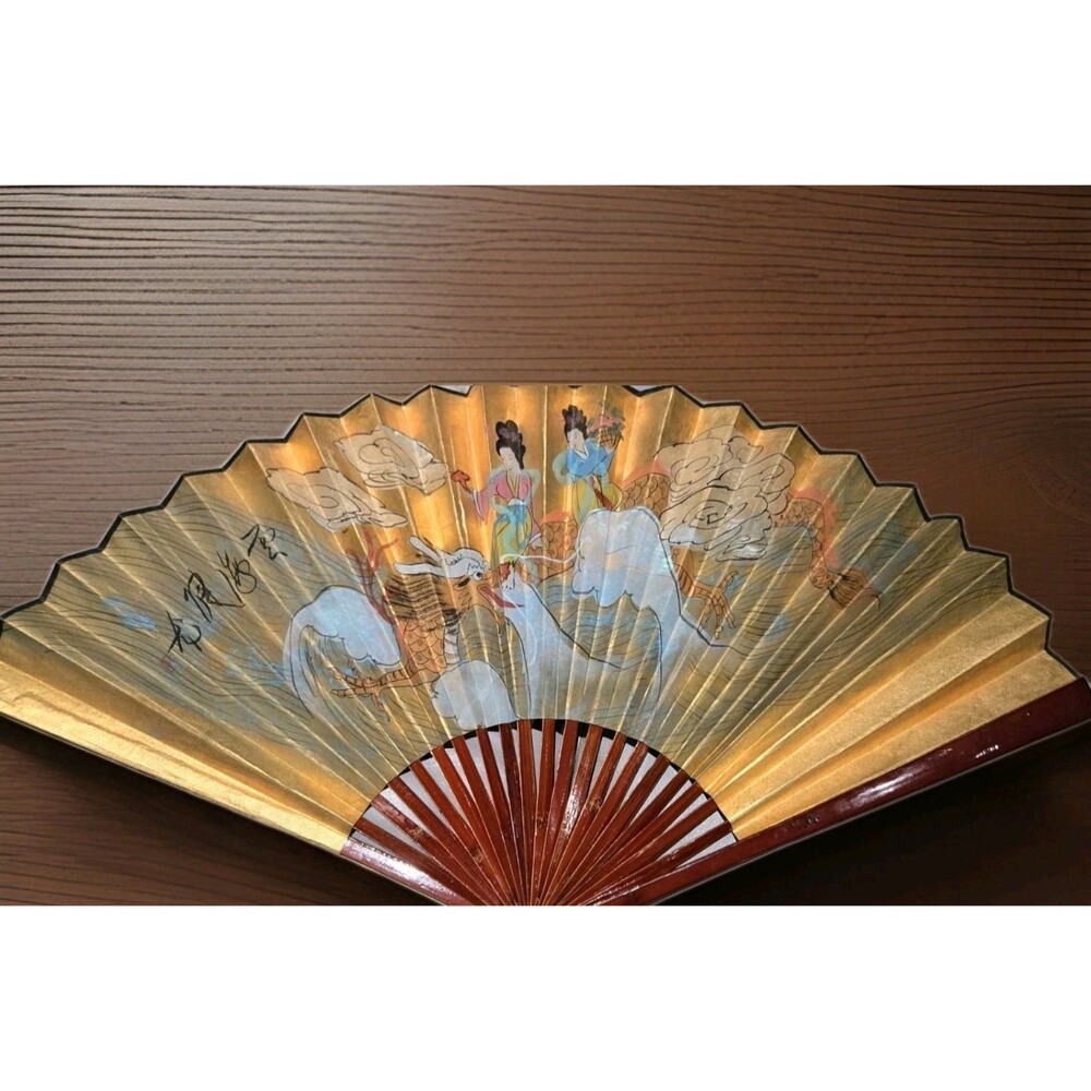 Pair Of Antique Giant Hanging Chinese Fans - Asian Wall Decor - Hand Painted